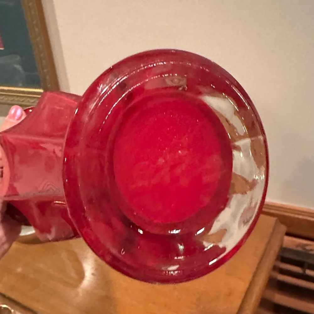 Vintage Ruby Red Cased Art Vase Hand Blown Glass White Interior